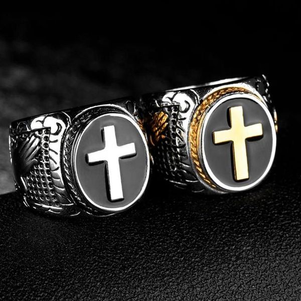 Anéis de casamento cristão santo jesus cruz unissex oração alemão águia esmalte anel templário para mulheres homens aço inoxidável preto religi315n