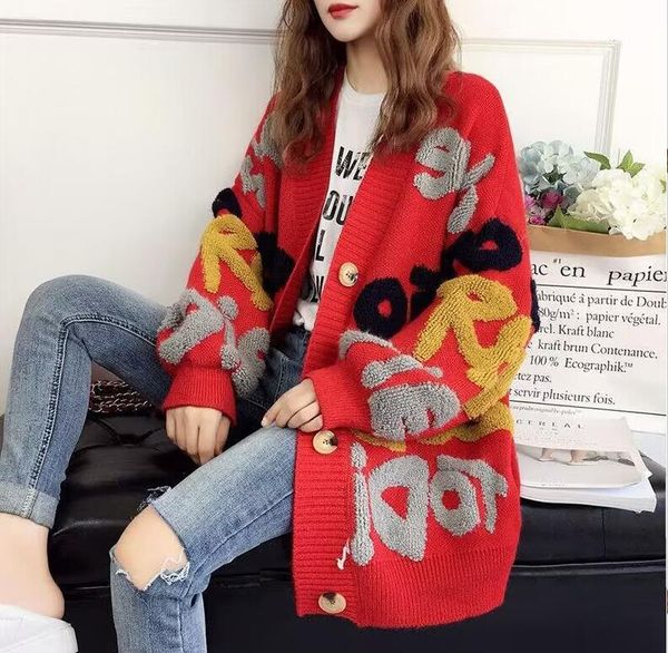 Maglioni da donna di alta qualità oversize lavorato a maglia sciolto Designer primavera autunno in pile Asciugamano ricamo cardigan maglione lungo maglione rosso giacca per donna