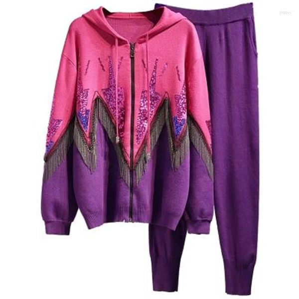 Mulheres Tracksuits 2024 Outono Mulheres Com Capuz Lantejoulas Contraste Tassel Tracksuit 2 Peça Set Sweater Casaco Moda Calças Malha Plus Size