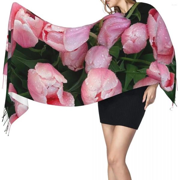 Sciarpe Sciarpa invernale con nappa Tulipani rosa con gocce Donna Collo in cashmere Testa Calda Pashmina Lady Scialle Bandana