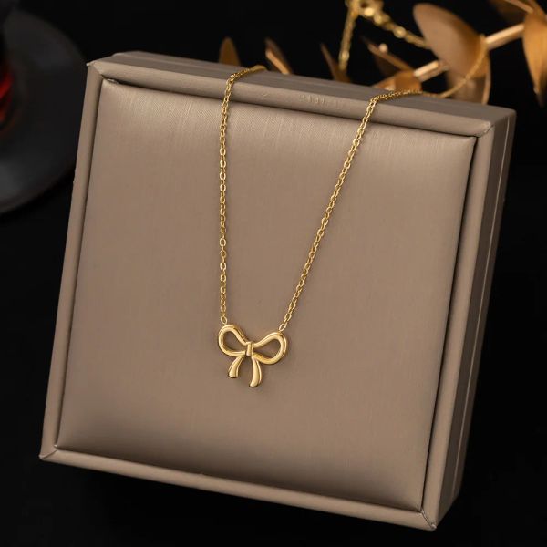 Neue Punk Tiny Bowknot Anhänger Für Frauen Goldene Farbe 14 k Gelb Gold Halsband Kette Halskette Weiblichen Schmuck Weihnachten Geschenk