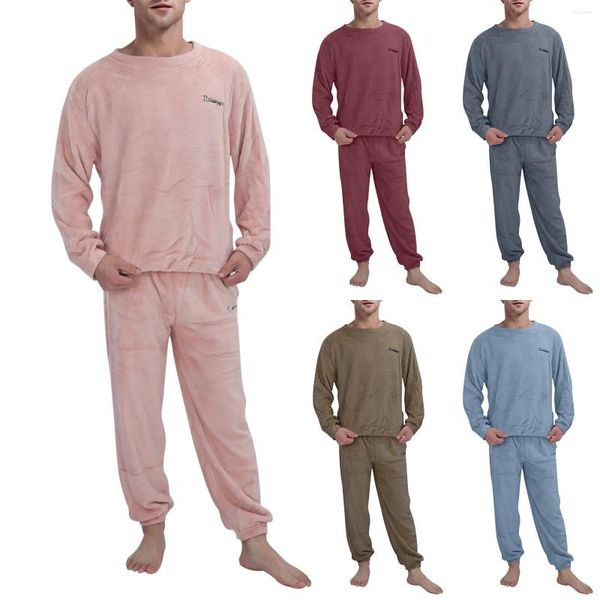 Fatos masculinos engrossados sleepwear pijama conjunto elegante flanela camisola confortável casa wear cor sólida inverno quente traje para homem