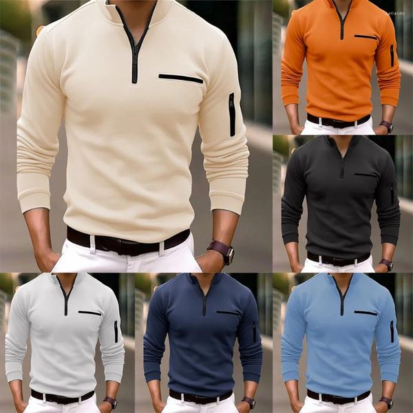 Herren-T-Shirts, langärmelig, Business-Freizeithemd, klassisch, einfarbig, Revers, Herren-Oberteil, schmale Passform, bequeme weiche T-Shirts