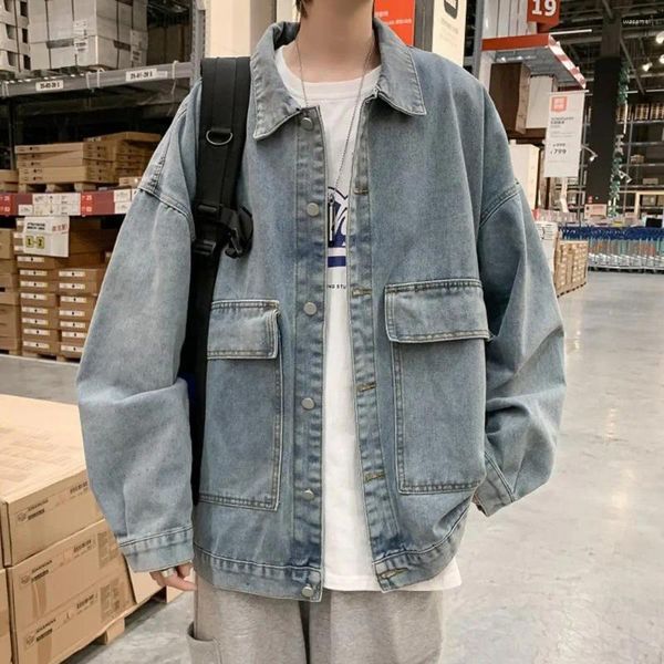 Giacche da uomo Giacca di jeans a maniche lunghe con risvolto Elegante con tasche con patta sul colletto Casual Primavera Autunno Singolo per uomo