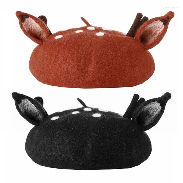 Berretti in feltro sintetico Cappello invernale da donna Berretto vintage da pittore francese Simpatico corno di renna Fungo ottagonale di Natale