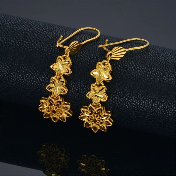 Orecchini in oro giallo 14k con goccia di fiori lunghi in stile coreano di moda, orecchini da sposa di colore dorato di lusso, regalo per gioielli da donna