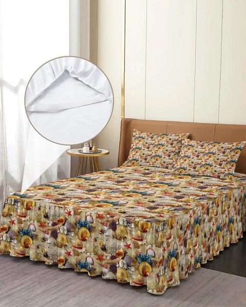 Gonna letto Conchiglia da spiaggia Stella marina Trama corallo Copriletto elastico con angoli con federe Coprimaterasso Set lenzuolo