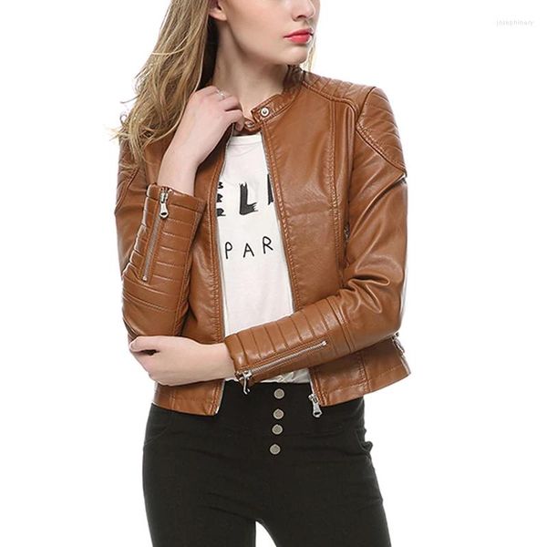 Jaqueta de couro feminina casual biker, casaco preto curto falso com bolsos com zíper, casaco elegante de inverno para mulheres, outono 2024