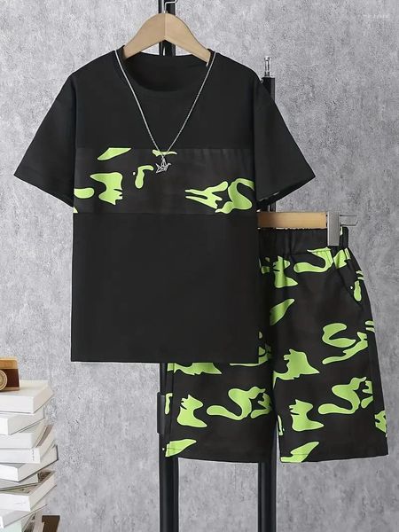 Fatos de treino masculinos meninos camuflagem roupa em torno do pescoço camiseta shorts crianças conjuntos de roupas de verão