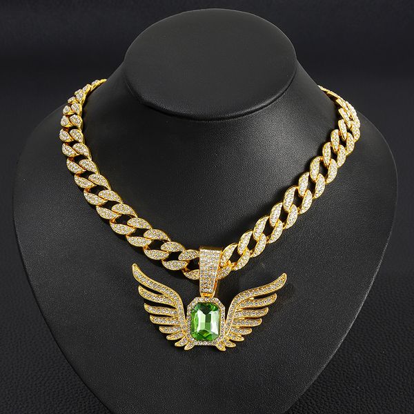 Hip Hop Männer Rapper Diamant Anhänger Halskette glänzende Engelsflügel quadratische Edelsteine Anhänger Zirkon Schmuck Nachtclub Accessoire Pullover Schlüsselbein kubanische Kette 18 Zoll 1951