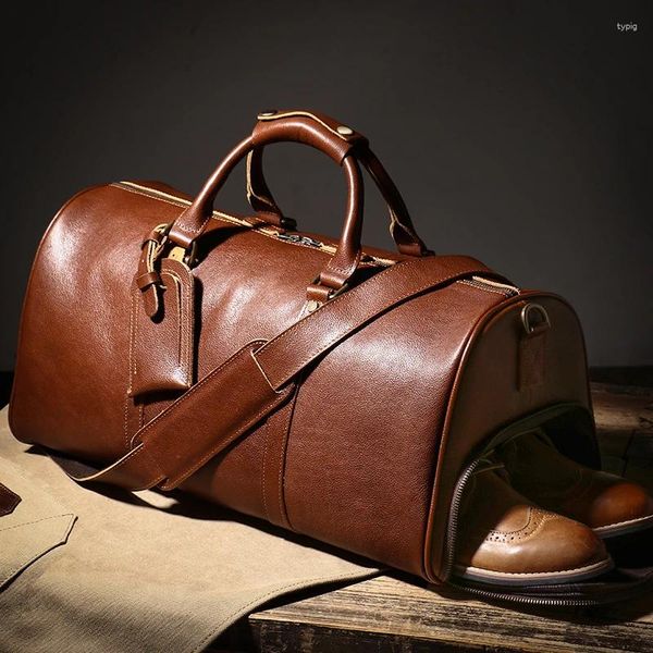 Duffel-Taschen, hochwertiges echtes Leder, Gepäcktasche, Herren, natürliches Rindsleder, Luxus-Handheld-Reisetasche, Wochenend-Business, große Kapazität, für Reisen