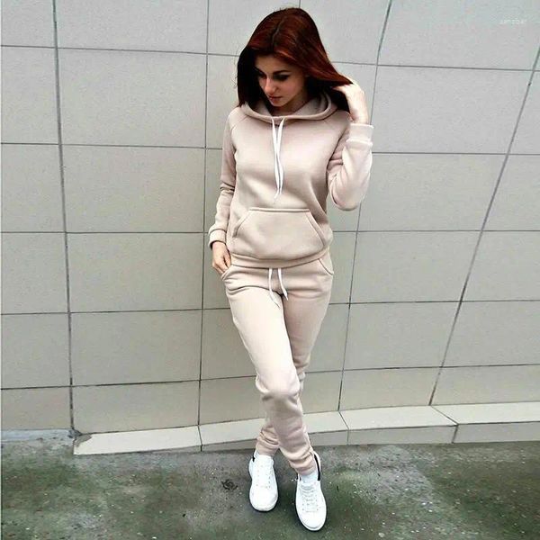 Calças femininas de duas peças Volalo Mulheres Sports Suits One-Peça Tracksuit Sportswear Winter Set Terno Cinto Cap Com Capuz Esporte Jogging