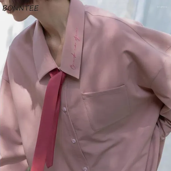 Женские блузки с отложным воротником, женская рубашка, однотонная вышивка, свободный галстук в корейском стиле, осенняя нежная школьница, простой универсальный шик