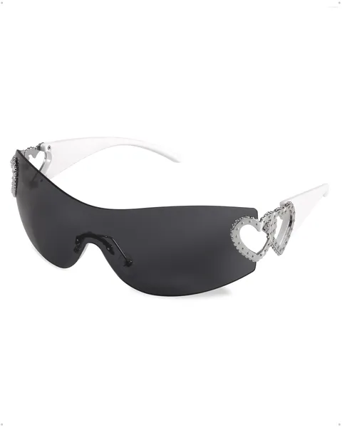 Occhiali da sole da donna Trendy Heart Decor Futuristico Rimless Wrap-Around Y2K Scudo oversize con protezione UV400