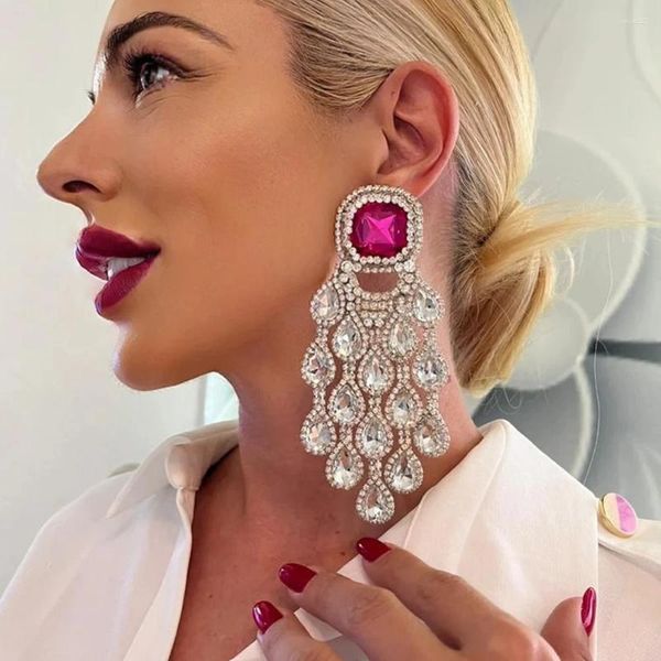 Dangle Küpeler Pembe Kristal Büyük Püskül Su Damlası Kadınlar İçin Dekorasyon Moda Abartılı Kolye Düğün Takı