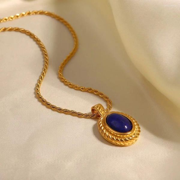 Colares de pingente na moda lapis lazuli artesanal colar de pedras preciosas de aço inoxidável banhado a ouro pvd jóias estéticas