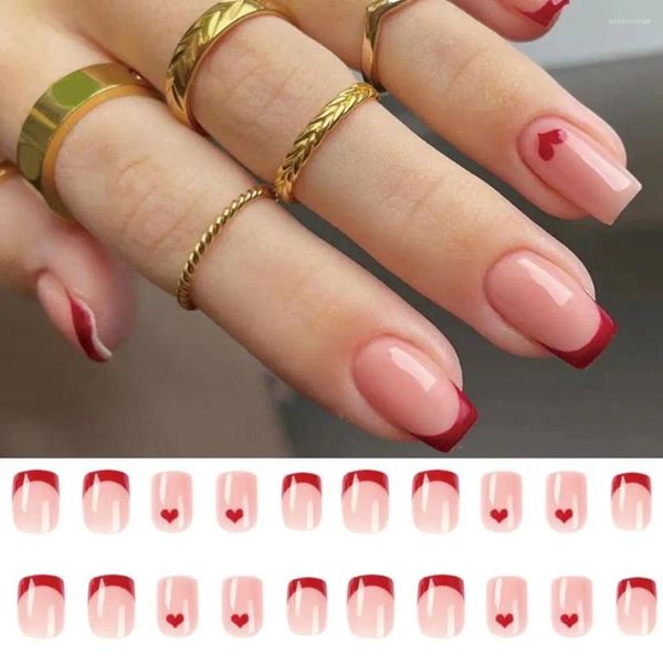 Punta di unghie da 24 pc False Nails Premere su un piccolo amore per il cuore short quadrato francese fai -da -te