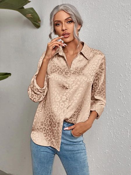 Blusas femininas 2024 primavera polo colarinho aberto botão leopardo padrão jacquard mulheres camisa temperamento commuter feminino blusa de manga comprida