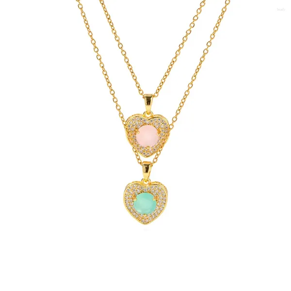 Ожерелья с подвесками ALLME, милый зеленый, розовый, циркон с фианитом, натуральный камень, сердце для женщин, 18-каратное золото, PVD-покрытие, колье из титановой стали