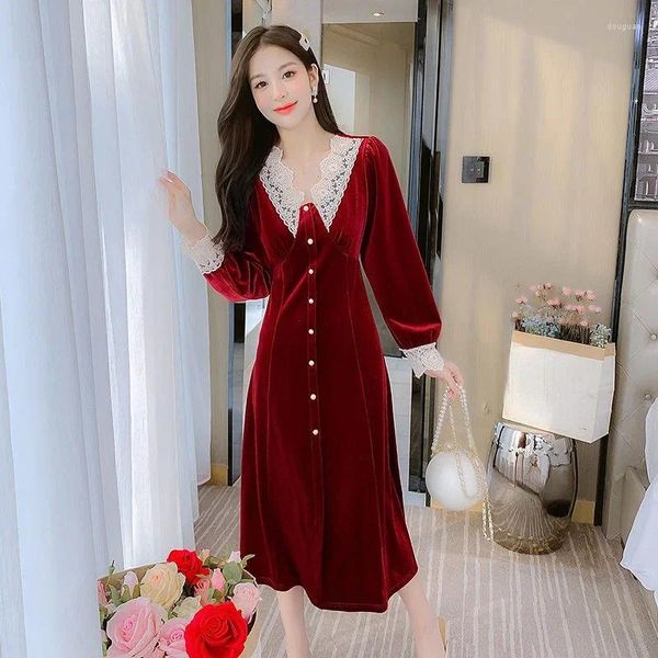 Vestidos casuais primavera outono mulheres v pescoço laço retalhos alta esperou manga completa vinho vermelho vestido de veludo mulher roupas vintage