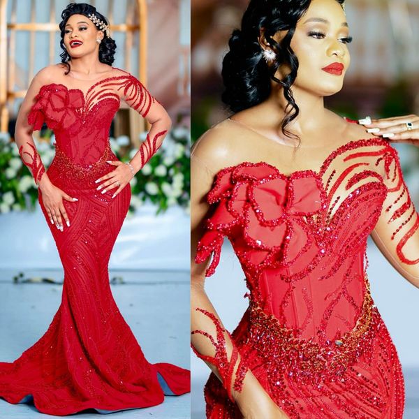 Abiti da ballo africani arabi Aso Ebi per occasioni speciali Collo trasparente rosso maniche lunghe Tulle Sirena in pizzo Promdress Abiti da sera eleganti Abito per festa di compleanno ST731