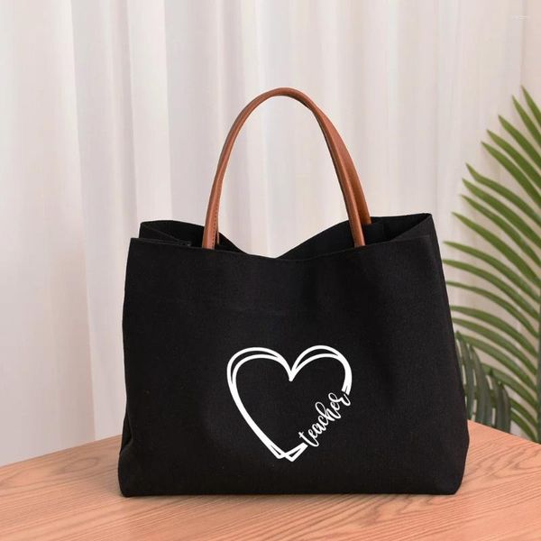 Borse per la spesa Borsa da lavoro per insegnanti stampata a forma di cuore per insegnanti, regalo da lavoro per la festa degli insegnanti, borsa da spiaggia in tela da donna