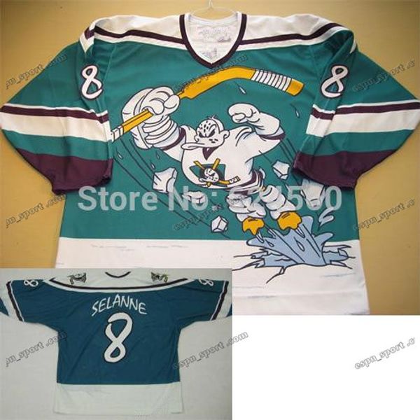 Factory Outlet personalizado estilo antigo 1995-1996 temporada Anaheim Mighty Ducks terceiro filme jersey 8 Teemu Selanne jersey Wild wing costurar qualquer no./Nome