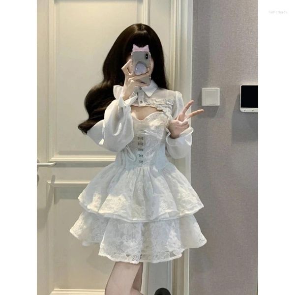 Abiti casual Ragazza pizzo bianco Kawaii Lolita abito donna volant a cascata manica lunga mantella e cinghie set 2 pezzi abbigliamento moda