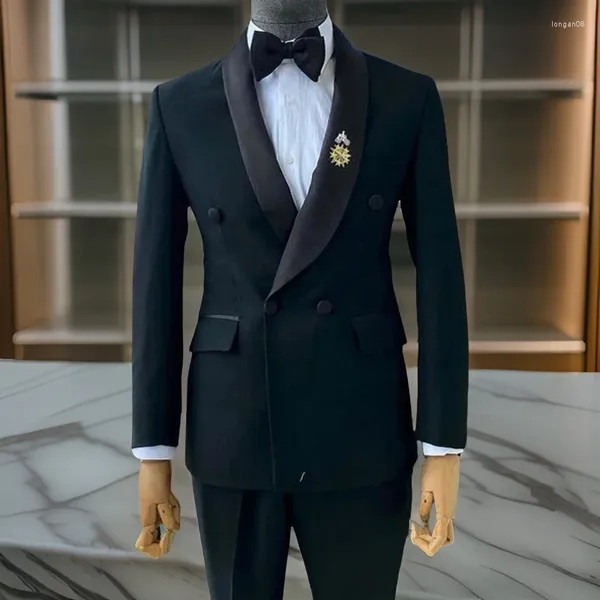 Мужские костюмы черного цвета для мужчин, двубортный итальянский стиль, строгий пиджак и брюки, приталенный свадебный смокинг, модная одежда для жениха 2024