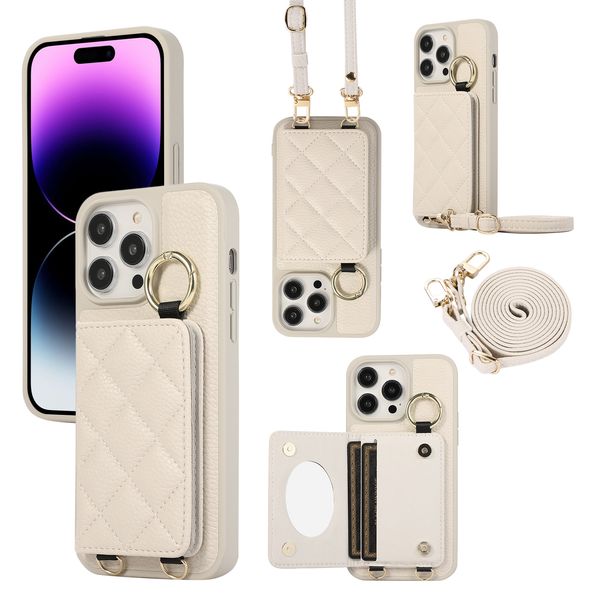 Custodia a portafoglio porta carte per trucco specchio in pelle prismatica litchi a tracolla per iPhone 15 Pro Max 14 Plus 13 12 11 Cover per telefono con anello per dito