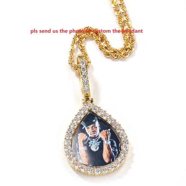 Hip hop corrente de ouro DIY personalizado foto gota de água moldura pingente colar homens luxo cobre diamante casal pingente lembrança corda colar 24 polegadas 1971
