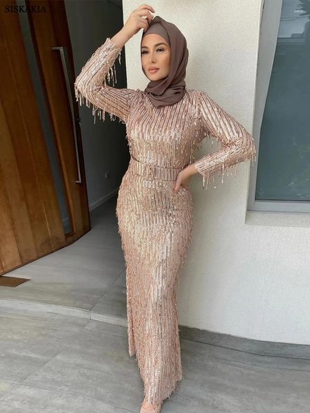 Roupas étnicas Siskakia Dubai Moda Sexy Slim Fit Tassel Lantejoulas Festa de Noite Banquete Vestidos Cinto Kuwaitiano Turco Saudita Mulheres Abayas