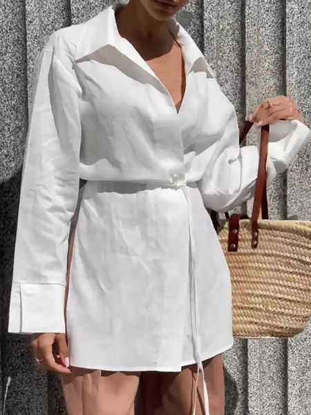 Blusas femininas elegantes camisas de linho de algodão branco feminino envoltório rendas lapela casual escritório senhoras sunwear 2024 manga longa topo