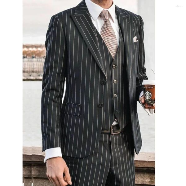 Ternos masculinos elegantes, blazer preto, 3 peças, jaqueta, colete, lapela repicada, casamento, formal, negócios, roupas masculinas, slim fit