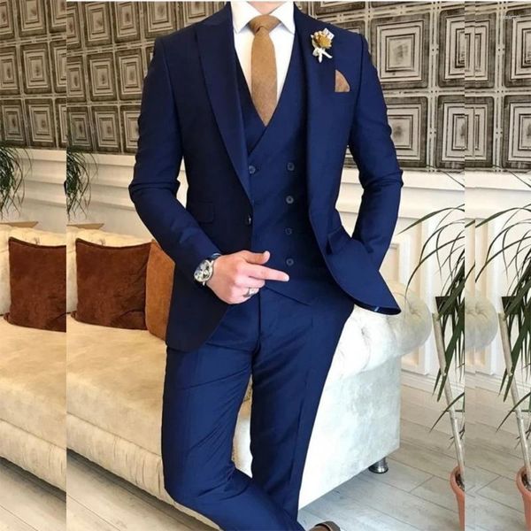 Abiti da uomo Luxury Blue Slim Fit Terno Formale Prom Party Cena Abiti Monopetto con risvolto con visiera 3 pezzi Giacca Pantaloni Gilet