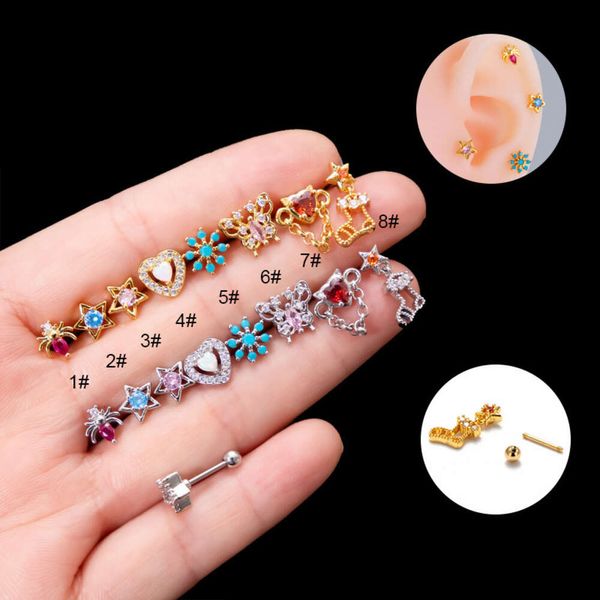 Cerrahi Paslanmaz Çelik Yıldız Kalp Kelebek Vida Barbell Küpe Top Helix Saplamalar Küpe Kıkırdak Mikro Kakar CZ Zirkon Piercing Takı Bijoux