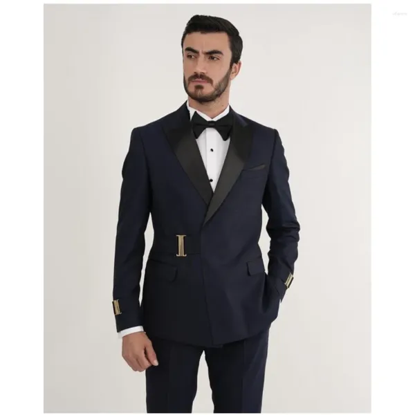 Ternos masculinos azul marinho com design de cinto preto pico lapela roupas 2 pçs smoking casamento noivo festa baile blazer define negócios