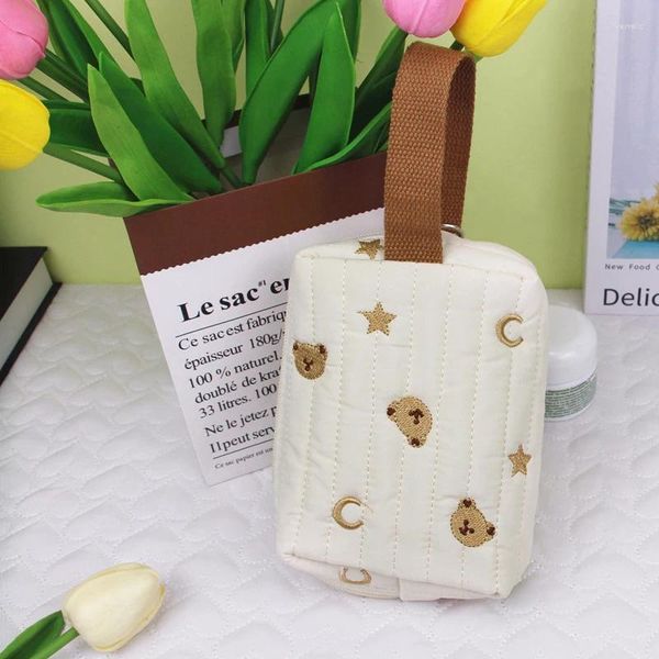 Sacos cosméticos bordado urso maquiagem saco colcha de algodão lona feminino zíper organizador bonito pulso compõem bolsa portátil caso de higiene pessoal