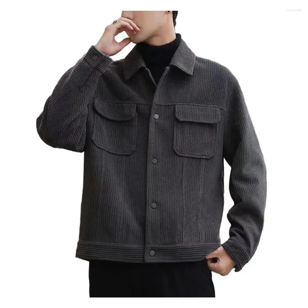 Jaquetas masculinas outono homens jaqueta casual cor sólida cardigan com bolsos de colarinho virado para baixo para inverno solto quente grosso