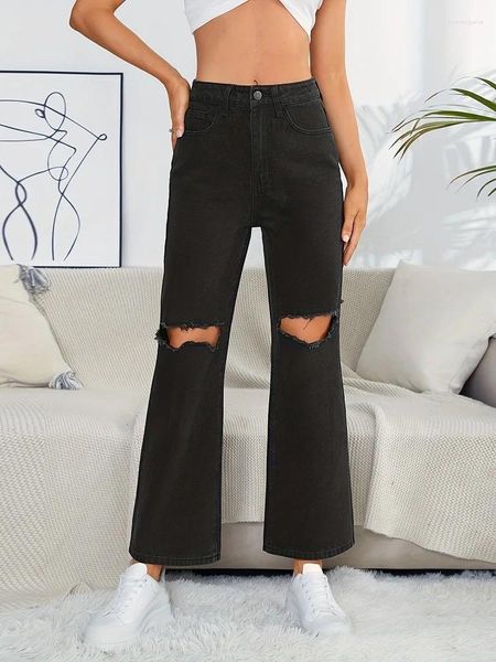 Frauen Jeans Denimcolab 2024 Hohe Taille Gerade Hose Mode Loch Frau Lose Freund Damen Streetwear Cut Out Denim Hosen