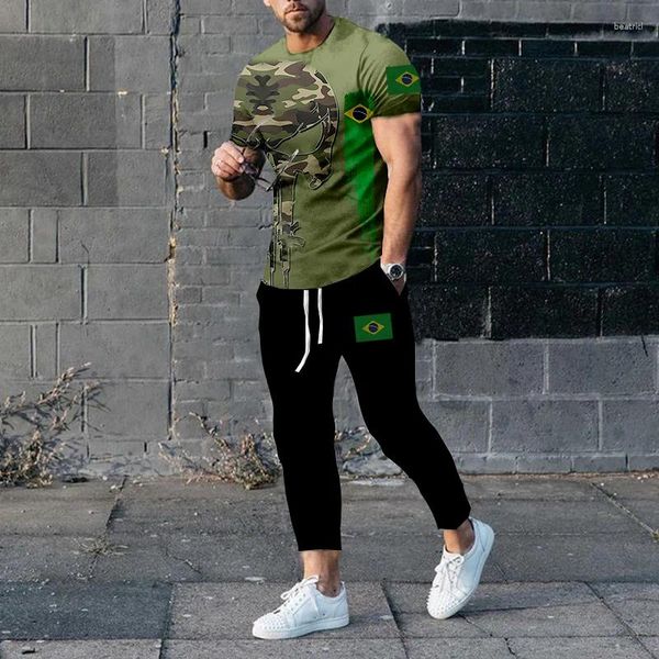 Tute da uomo Bandiera Brasile T-shirt a maniche corte Pantaloni Set da 2 pezzi Camouflage Skull stampato Streetwear Casual Uomo Abbigliamento Outfit