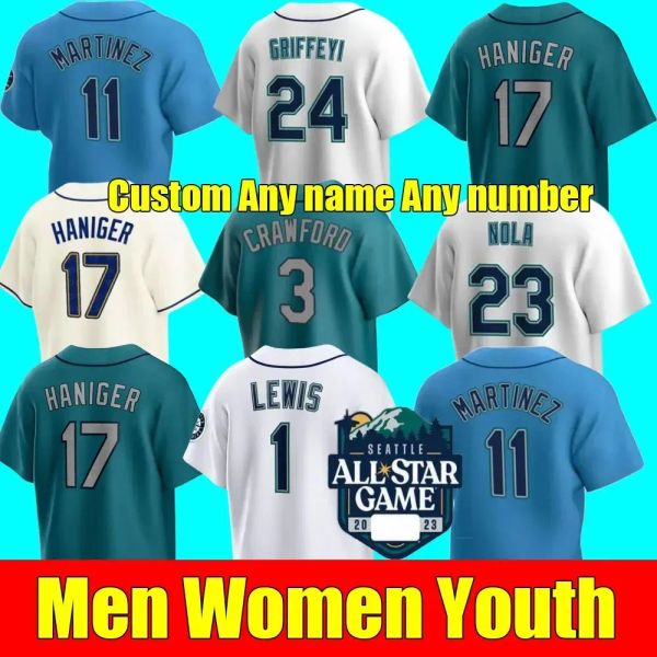 Camisas de beisebol personalizadas Homem Mulher Juventude Seattle 13 Abraham Toro 10 Jarred Kelenic 22 Luis Torrens 24 Ken Griffey Jr.