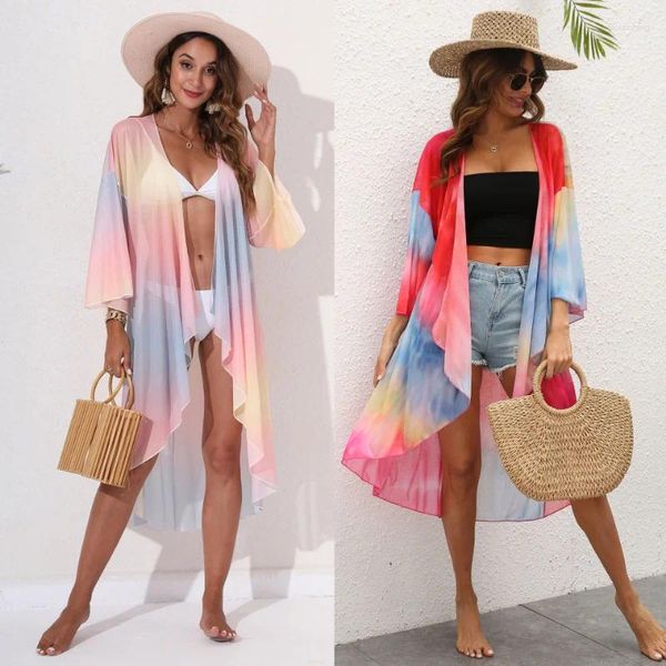 Mulheres Swimwear Tie Dye Beachwear Vestido Mulheres Verão 2024 Impressão Aleatória Irregular 3/4 Manga Malha Fluindo Beach Jackets Cover Ups