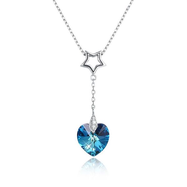 Menrose genuíno s925 prata esterlina coração pingente de cristal colar safira azul e ouro 2 cores tendências da moda jóias presente fo265o