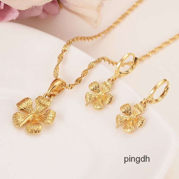 Designer-Ohrringe, echtes massives 14-Karat-Gelbgold, GF, neue Braut, große Blumen-Anhänger, Statement-Halskette, Schmuck-Sets, Party, romantische, feine Geschenke