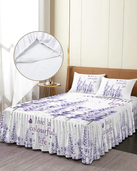 Gonna da letto Acquerello Lavanda Love Flower Copriletto elasticizzato con federe Coprimaterasso Set lenzuolo