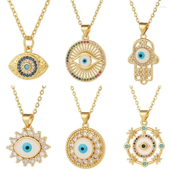 Pendant Necklaces ALLME Chic Sparkly Full CZ Zircon Blue Eyes 14K Gold Plated Brass Hollow Hand Long Necklace Women Jewelry