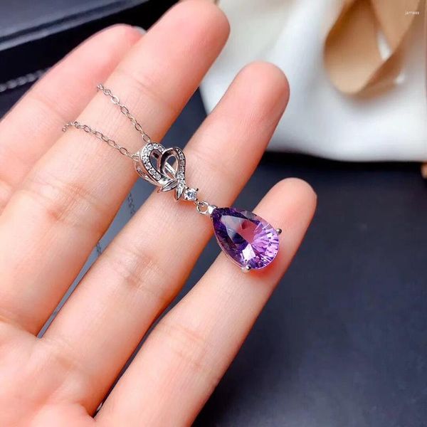 Collane con ciondolo Collana di fiori a forma di cuore con goccia d'acqua in cristallo viola per gioielli da donna Girocollo per ragazze con catena placcata argento alla moda