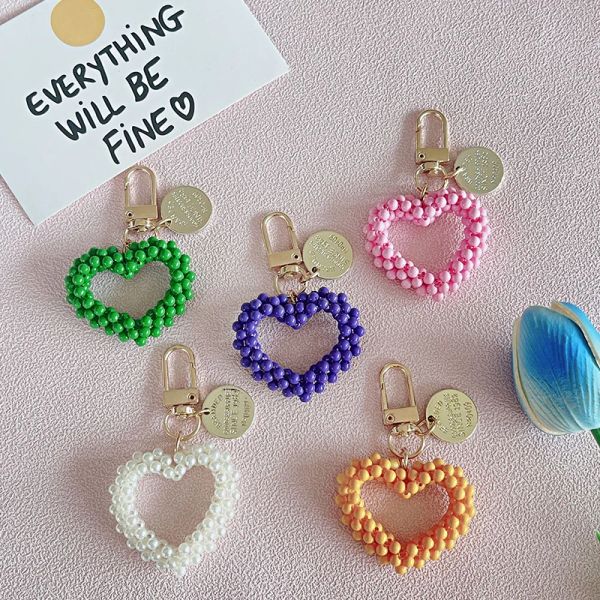 Bunte Perle Love Keychain Anhänger Mobiltelefon Lanyard Damen Schlüsselketten Ringe Acryl Herzschlüsselungshalter Charm Bag