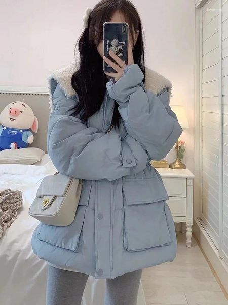 Casacos de trincheira femininos 2024 lã azul retalhos jaqueta de pato branco jaquetas inverno quente moda coreana parkas feminino outwear